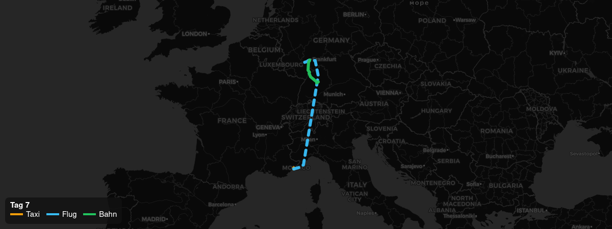 Taxi-, Flug- und Bahnroute Tag 7